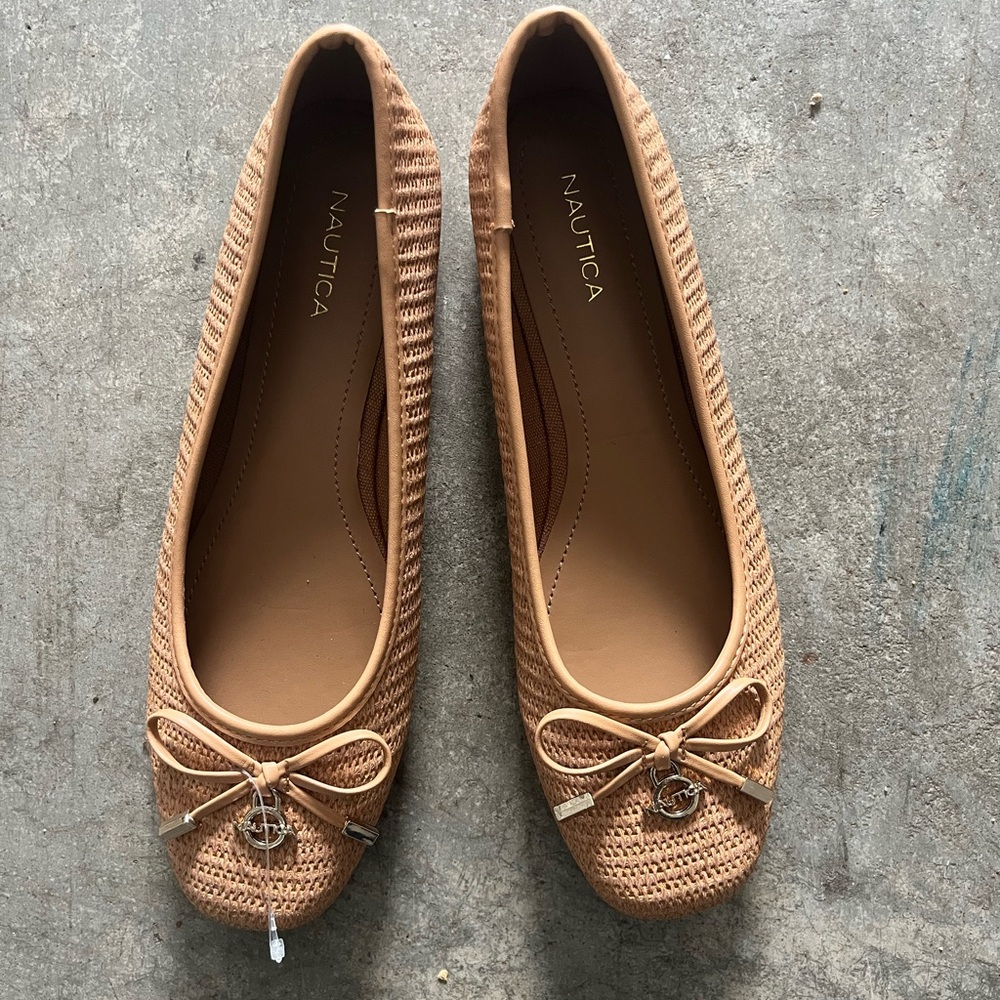 Nautica Tan Peep-Toe Flats with Bow